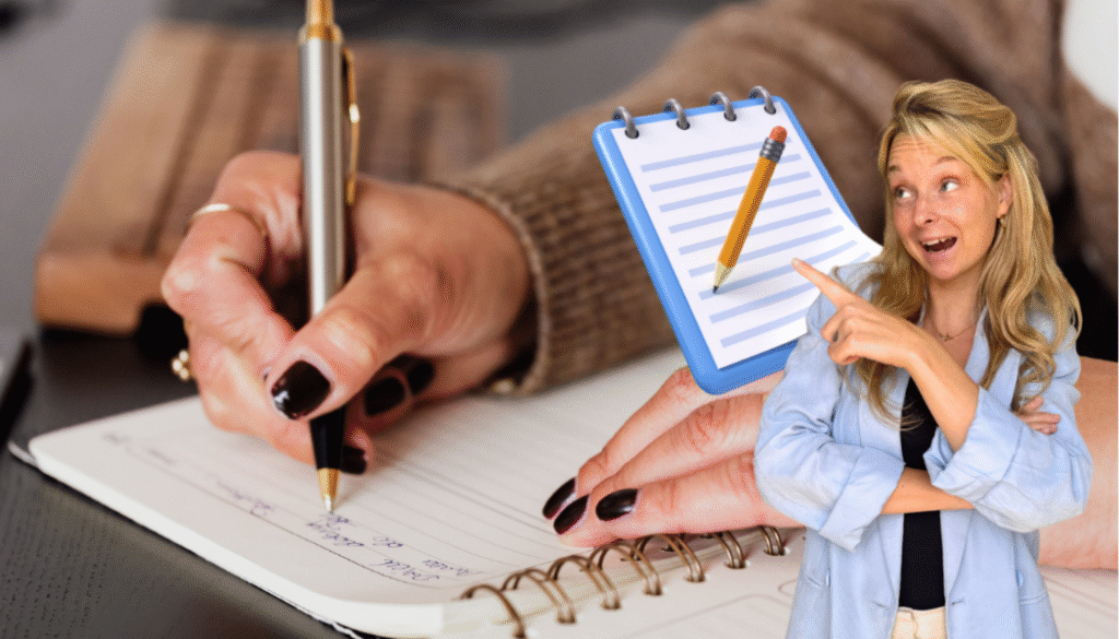 Alemanick mostrando un cuaderno mientras escribe en un diario en alemán para mejorar el alemán hablado